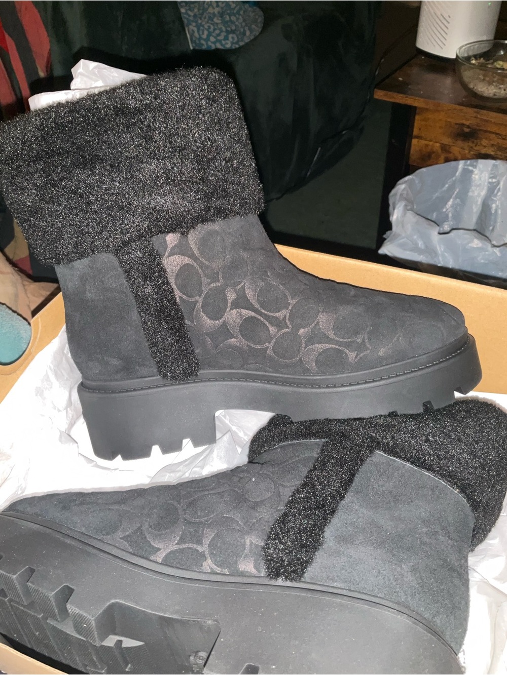 Coach Black Suede Logo Knit Cuff Lug Sole Ankle Boots